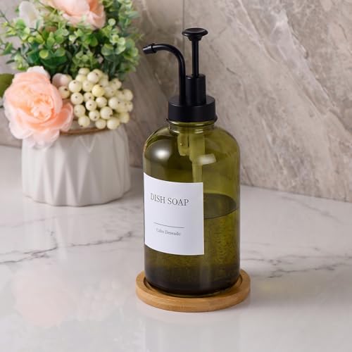 Glass Soap Dispenser with Pump, Dish and Hand Soap Dispenser for Kitchen Bathroom Set, Glass Dispenser Set with 18 Stickers Funnel Bamboo Tray 500ml 18oz Green - color: Olive Green