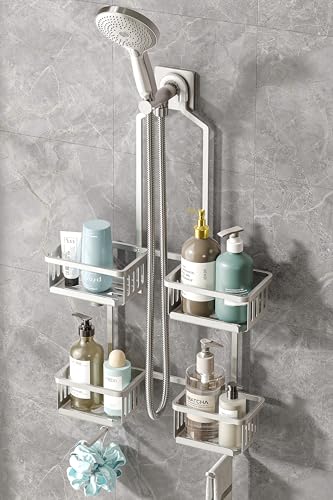Aluminum Shower Caddy Hanging for Handheld Showerheads, Never Rust Shower Organizer with Hooks Holder Toothbrush Holder，Over Showerhead Caddy for Bathroom - color: Silvery