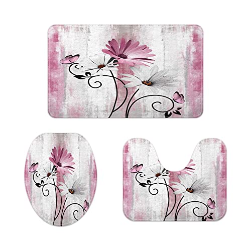 Rustic Farmhouse Bath Mat Set, Farm Pink Daisy Floral Flowers and Butterfly on Country Wooden Bathroom Mat Set with Non-Slip Bath Rug, Soft Toilet Lid Cover and Contour Mat, Grey White(Pink) - color: Pink