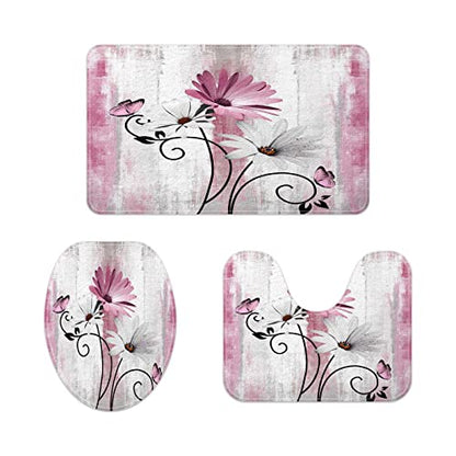Rustic Farmhouse Bath Mat Set, Farm Pink Daisy Floral Flowers and Butterfly on Country Wooden Bathroom Mat Set with Non-Slip Bath Rug, Soft Toilet Lid Cover and Contour Mat, Grey White(Pink) - color: Pink