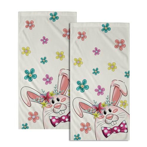 Imiss Funny Bunny Hand Towels Set of 2 - Cute Rabbit Colorful Floral Bathroom Towels 14.4 x 28.3 Inch Easter Decorative Hand Tea Dish Cloth for Kitchen Gym Spa Hotel - color: Cute Bunny