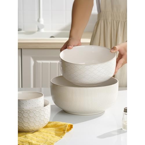 Mikiegy Ceramic Mixing Bowls Set of 4, Nesting Ceramic Embossment Stoneware Mixing Bowls for Cooking, Serving, Popcorn, Salad etc, Microwave & Dishwasher Safe, 20/44/98/145 oz, Off-White - size: 20&44&98&145 oz
