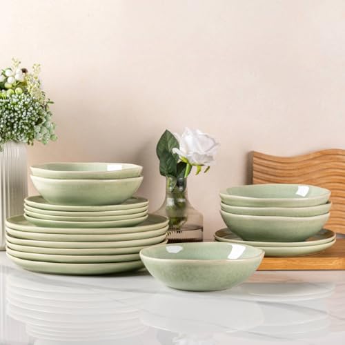 AmorArc Ceramic Dinnerware Sets for 6, 18Pcs Plates and Bowls Sets Dishes | Stoneware Handmade Reactive Glaze Dinner Set, Highly Scratch Resistant | Dishwasher & Microwave Safe Dishware - color: Olive Green, size: Service for 6(18Pcs)