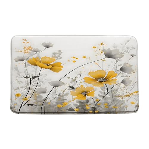 Sunhe Floral Bath Mat Yellow Watercolor Flower Butterfly Botanical Wildflower Leaves Farmhouse Plant Vintage Memory Foam Soft Home Office Door Bathroom Mat/Bath Rugs - color: Gray Yellow, size: 1'4" x 2' (Rectangular)