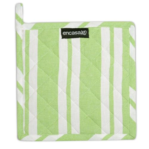 Encasa XO Pot Holders, Quilted Kitchen Hot Pads 8"x8" Franca Lime Stripes | 100% Eco-Friendly Cotton | Thick Cotton Padding Insulation | Convenient Hanging Loop | Set of 2 - color: Franca Lime Stripes