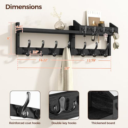 Evermagin 29" Coat Rack Wall Mount with Shelf & 11 Hooks, Entryway, Black | Wooden Wall Mounted Coat and Key Rack with Hooks, Key Hanger with Mail Holder for Living Room, Mudroom, Bedroom - color: Black, size: 29 inch