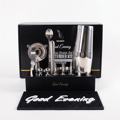 Premium 18-Piece Bartender Kit - Mixology Cocktail Shaker Set with Modern Bamboo Stand, Weighted Boston Shaker, Bar Mat & Recipe Book | 304 Stainless Steel Home Bar Accessories