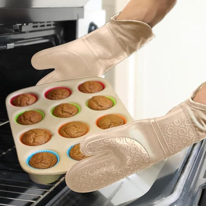 BPA-Free Silicone Oven Mitts Ultra Heat Resistant up to 500°F - Oven Mitts with Thick Cotton Liner - Long Slip Resistant Pot Holders, Flexible Oven Gloves - Beige 14.7 - color: Beige, size: 2-Piece 14.7" Oven Mitts