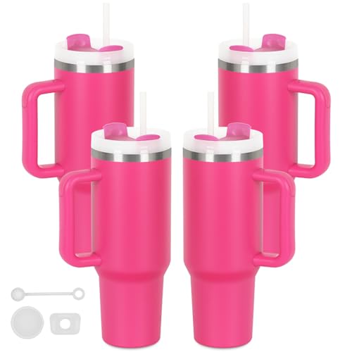 4 Pack 40 Oz Tumblers with Handle Bulk, Double Wall Vacuum Insulated Stainless Steel Tumblers with Lid and Straw, 40 oz Cups with Silicone Spill Proof Stopper Set (Hot Pink) - color: Hot Pink