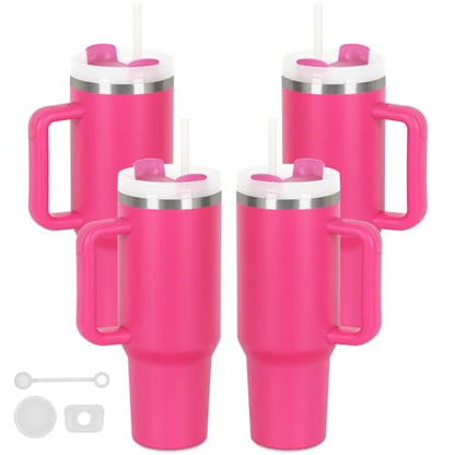 4 Pack 40 Oz Tumblers with Handle Bulk, Double Wall Vacuum Insulated Stainless Steel Tumblers with Lid and Straw, 40 oz Cups with Silicone Spill Proof Stopper Set (Hot Pink) - color: Hot Pink