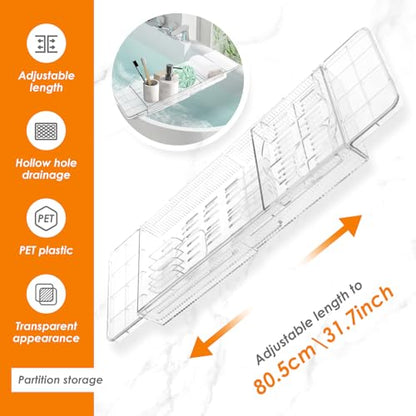 Expandable Bathtub Caddy Tray, 56.5cm to 80.5cm Adjustable Length Clear Bathtub Tray, Plastic Drain Bath Shelf Caddy, Nonslip Multifunctional Bathtub Storage Rack for Candle Towel Book