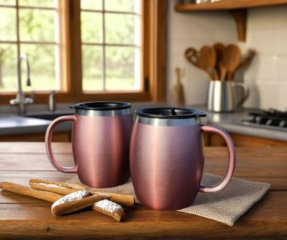 Stainless Steel Insulated Coffee Mugs Set of 2 (14 oz) – Double Wall Coffee Cups with Spill-Resistant Lid and Strong Handle, Shatterproof Cups for Cold Drinks & Hot Beverages - Rose Gold - color: Rose Gold