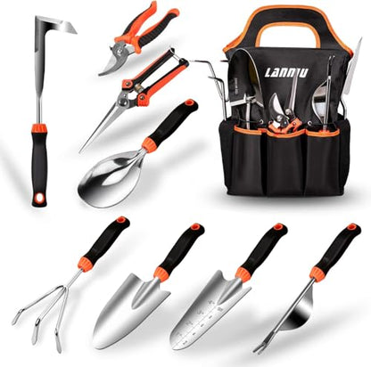 9 Piece Garden Tool Set | Heavy Duty Stainless Steel, Ergonomic Non-Slip Rubber Handles, Pruning Shears, Trowel, 600D Storage Tote Bag - style: 9-Piece Black