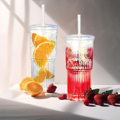 Bandesun All Glass Iced Coffee Cup With Lids and Straws，24 OZ Rainbow High Borosilicate Glass Tumbler for Water Smoothie Juice Drinks - color: Rainbow