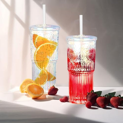 Bandesun All Glass Iced Coffee Cup With Lids and Straws，24 OZ Rainbow High Borosilicate Glass Tumbler for Water Smoothie Juice Drinks - color: Rainbow