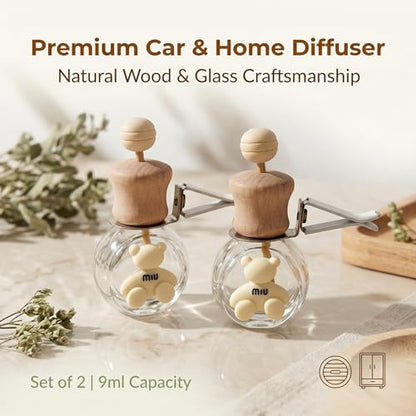 2 Pack Bear Car Vent Clip Diffuser Refillable Glass Bottle | Wood cap glass bottle with dropper, DIY essential oil freshener for car wardrobe bathroom home - size: Bear-A3 - 2PCS
