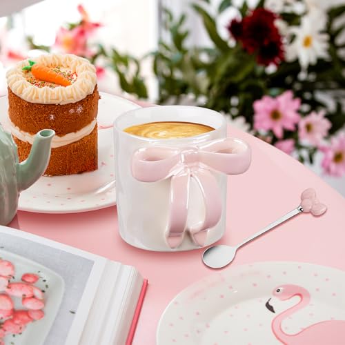 NiHome Cute Pink Bow Handle Ceramic Coffee Mug 12oz, Electroplated Shimmering Starry Finish, High-Temperature Fired, Girly Aesthetic Cup for Women, Home Office Travel, Pink - color: Pink, size: 12 Ounces