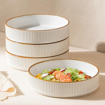 GBhome 7.5 Inch Pasta Bowls Set of 4, Ceramic Salad Bowls, Warm White | Double Reactive Glaze Bowls for Pasta, Noodles & Fruit, Scratch Resistant, Microwave & Dishwasher Safe - color: Warm White, size: Set of 4