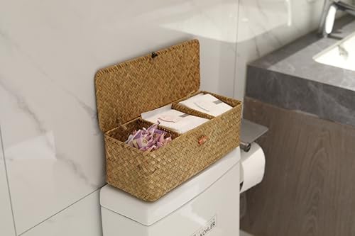 Seagrass Woven Storage Basket with Lid, Rectangular Narrow Tampon Toilet Tank Organizer - color: 3 Section with Lid