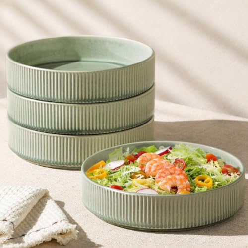 GBhome 7.5 Inch Pasta Bowls Set of 4, Ceramic Salad Bowls, Light Green | Double Reactive Glaze Bowls for Pasta, Noodles & Fruit, Scratch Resistant, Microwave & Dishwasher Safe - color: Light Green, size: Set of 4