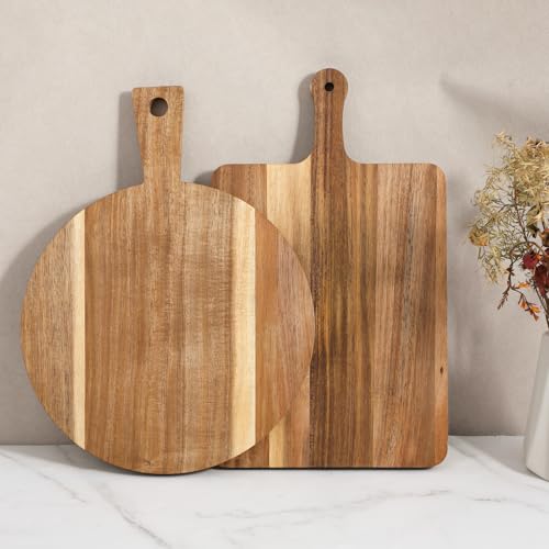 2 Pcs Wooden Cutting Boards with Handle Round and Rectangular Acacia Decorative Cutting Board Set for Kitchen Charcuterie Cheese Meat Bread Pizza Serving