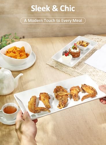 14” White Porcelain Serving Platters, Elegant Large Rectangular Plates Trays for Dinner Parties, Appetizers, Sushi, Desserts & More, Microwave & Dishwasher Safe, Set of 4 | Rectangular Ceramic Dinner Plates Trays, Stackable, Dishwasher/Microwave/Freezer S