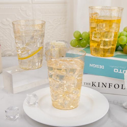 I00000 200 Pack 12 oz Gold Glitter Cups, Premium Clear Disposable Gold Cups | Gold Plastic Wine Glasses, Cocktail Glasses, Heavy Duty, Elegant Glitter Plastic Cups for Birthday, Wedding & Party - color: Glitter-12oz-200