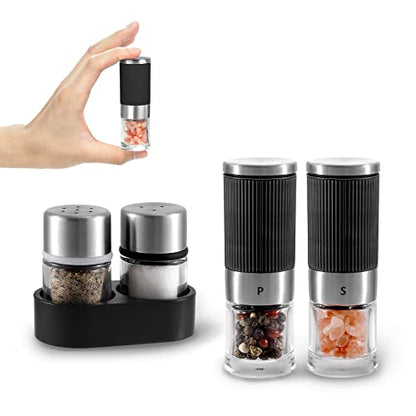 VEVOK CHEF Mini Salt and Pepper Grinder set with 2 Small Salt and Pepper Shakers Portable Cute Tiny Spice Grinder Pepper Mill Salt Grinder for Travel, Work, Camping, Party, School, Lunch Box - color: Black