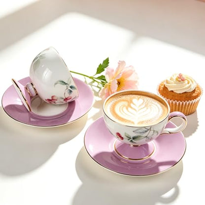 KAMMAK Tea Cups Set of 2,Ceramic Floral Pattern Demitasse Cup | Porcelain Espresso Cup with Saucer, 6.76 oz Handmade Elegant Bone China Tea Cups for Latte, Americano, Cappuccino - color: Cherry & Strawberry