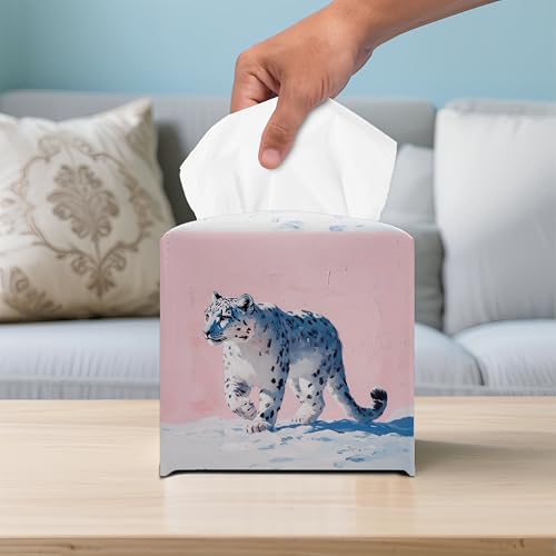 Snow Leopard Art PU Leather Tissue Box Cover 5.2 in | Snow leopard art design; 5.2-inch square PU leather tissue box cover with hand-stitched style and removable liner. - color: Snow Leopard