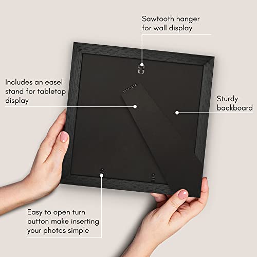 Americanflat 10x10 Picture Frame - Matted to 8x8 - Engineered Wood - Black | Shatter-resistant glass, wall or tabletop display with included easel, sawtooth hangers included, secure turn-tab backing - color: Black, size: 10x10