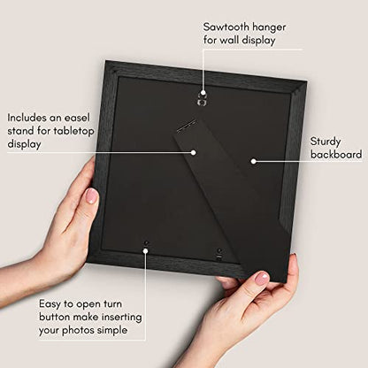 Americanflat 10x10 Picture Frame - Matted to 8x8 - Engineered Wood - Black | Shatter-resistant glass, wall or tabletop display with included easel, sawtooth hangers included, secure turn-tab backing - color: Black, size: 10x10