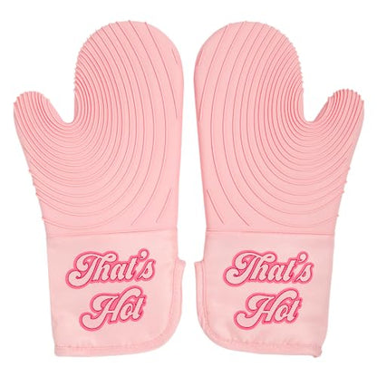 Paris Hilton Oven Mitt Set with Iconic That's HOT Design, Heat Resistant Pot Holders Featuring Non-Slip Textured Silicone Grips, 2-Piece Set, Pink - style: That's Hot