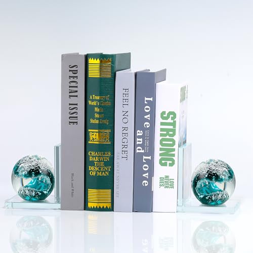 Glass Book Ends for Shelves, Dark Blue Hand Blown Sea Wave Ball, Set of 2 - color: Dark Blue