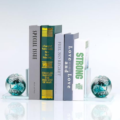 Glass Book Ends for Shelves, Dark Blue Hand Blown Sea Wave Ball, Set of 2 - color: Dark Blue
