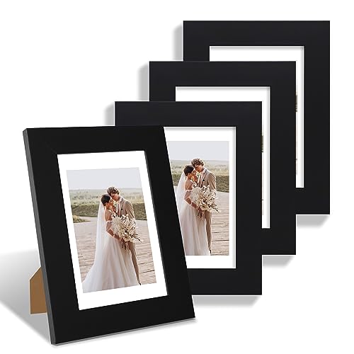 Hongkee 4x6 Picture Frame Set of 4, Made of Real Glass and Black Wooden Frame, 4 by 6 Photo for Wall or Tabletop - Display Picture 3.5x5 with Mat or 4x6 Without Mat - color: Black, size: 4x6 in