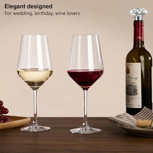 Crystal Wine Glasses Set of 2, 21oz Hand Blown Clear Glass | Long Stem Red White Wine Glass with Pourer and Stopper, Elegant Design in Gift Box for Home Bar, Birthday, Wedding - size: Large