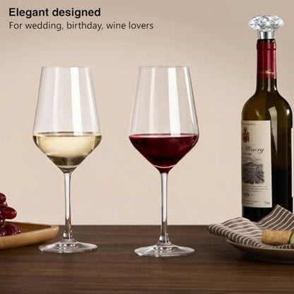 Crystal Wine Glasses Set of 2, 21oz Hand Blown Clear Glass | Long Stem Red White Wine Glass with Pourer and Stopper, Elegant Design in Gift Box for Home Bar, Birthday, Wedding - size: Large