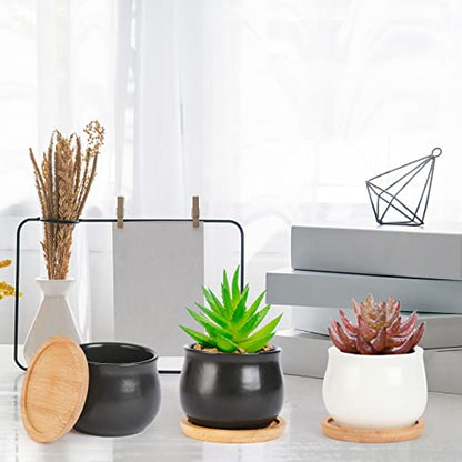 SHECIPIN 12 Pack Succulent Plant Pot, Mini 2.6 inch Ceramic Flower Planter Pot with Bamboo Tray, Small Pots for Plants, Plants Not Included （White, Black） - color: Black,white