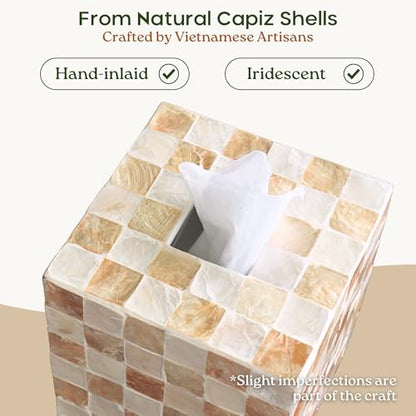 5.5" Tissue Box Cover Square, Capiz Shell Tissue Holder, Ivory | Bottom Slider, Checkerboard Cube Tissue Box Holder For Kleenex, Neutral Beige Square Tissue Box Cover Bathroom, Coffee Table - color: Ivory