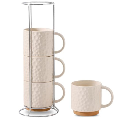 Nihow 16 OZ Ceramic Coffee Mug with Stackable Stand,Set of 4,White | Stackable, Stainless Stand Included, Cappuccino & Tea, Hot/Cold Drinks, Dishwasher & Microwave Safe - color: Matte White, size: 16 oz With Stand