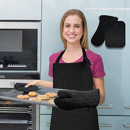 Oven Mitts and Pot Holders with Cooking Apron Set of 5, Heat Resistant Kitchen Gloves and Silicone Non-Slip Potholders, Adjustable Neck Buckle Chef Apron, Cotton Nice Design for Cooking (Black)… - color: Black