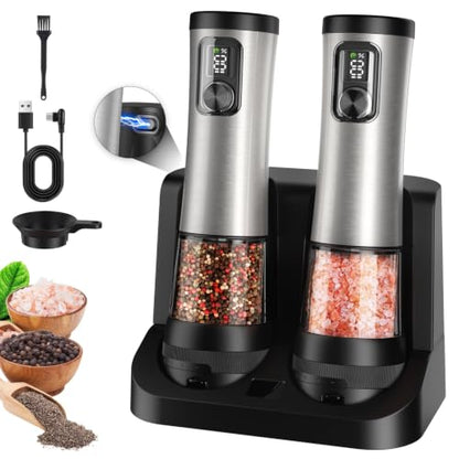 Flelano Electric Salt & Pepper Grinder Set, 2-Speed Setting, Stainless Steel Rechargeable Automatic Pepper Mill Shakers, Charging Base 100ml Capacity External Adjustable Coarseness LED Light,Black - color: Black