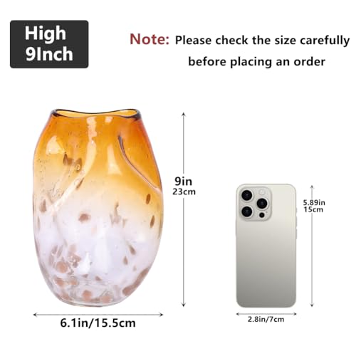 Amber Glass Vase – 9in Handmade Decorative Vase for Flowers, Modern Brown Gradient Glass Vase for Home Decor, Living Room Centerpiece, Dining Table, Entryway or Wedding Decoration
