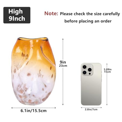 Amber Glass Vase – 9in Handmade Decorative Vase for Flowers, Modern Brown Gradient Glass Vase for Home Decor, Living Room Centerpiece, Dining Table, Entryway or Wedding Decoration