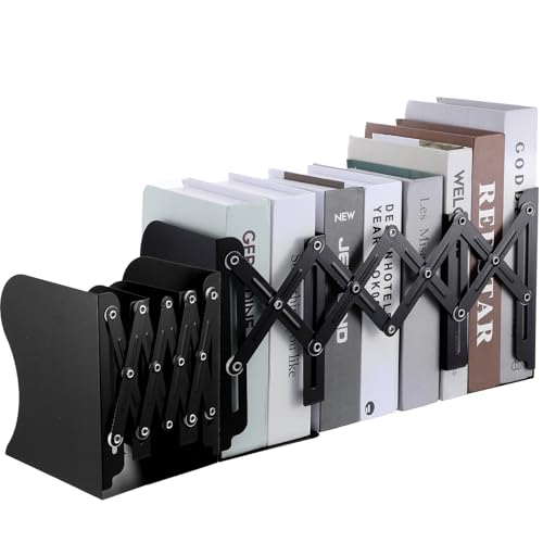 2PCS Heavy Duty Metal Bookends, Adjustable Book Organizer for Shelves & Desk with Non-Slip Pads, 3 Compartments, Extends up to 19 inches, Office & Home Use (Black)
