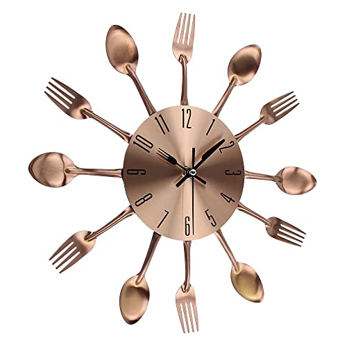 Timelike Kitchen Metal Copper Wall Clocks with Spoons and Forks 3D Removable Modern Creative Cutlery Kitchen Spoon Fork Wall Clock for Great Home Decor and Nice Gifts (Copper-33CM) - color: Copper-33cm