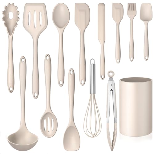 LIANYU 14 Pcs Silicone Cooking Utensils Set with Holder, Khaki | Kitchen Utensils Set for Non-Stick Cookware, 446°F Heat Resistant Cooking Tools with Comfort Grip Handle, Dishwasher safe - color: Khaki
