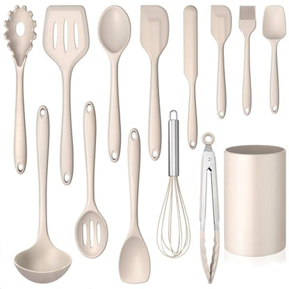 LIANYU 14 Pcs Silicone Cooking Utensils Set with Holder, Khaki | Kitchen Utensils Set for Non-Stick Cookware, 446°F Heat Resistant Cooking Tools with Comfort Grip Handle, Dishwasher safe - color: Khaki