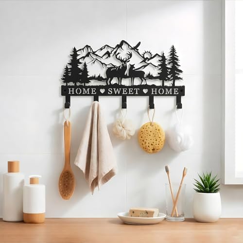 Deer Mountain Metal Key Holder Wall Mount Key Holder for Wall Rustic Cabin Decor Key Rack Hooks Hanger Woodland Wildlife Wall Art Entryway Organizer Housewarming Hunting Gifts - size: Small, style: Sweet Home